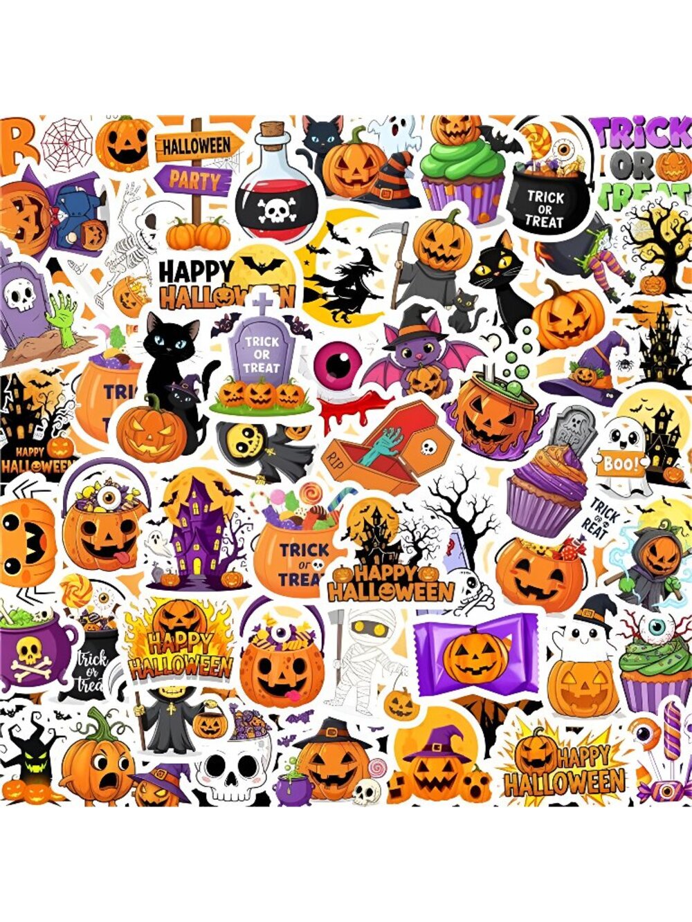 50PCS Non-Repeating Halloween Pumpkin Theme Stickers, Vinyl Waterproof Holiday